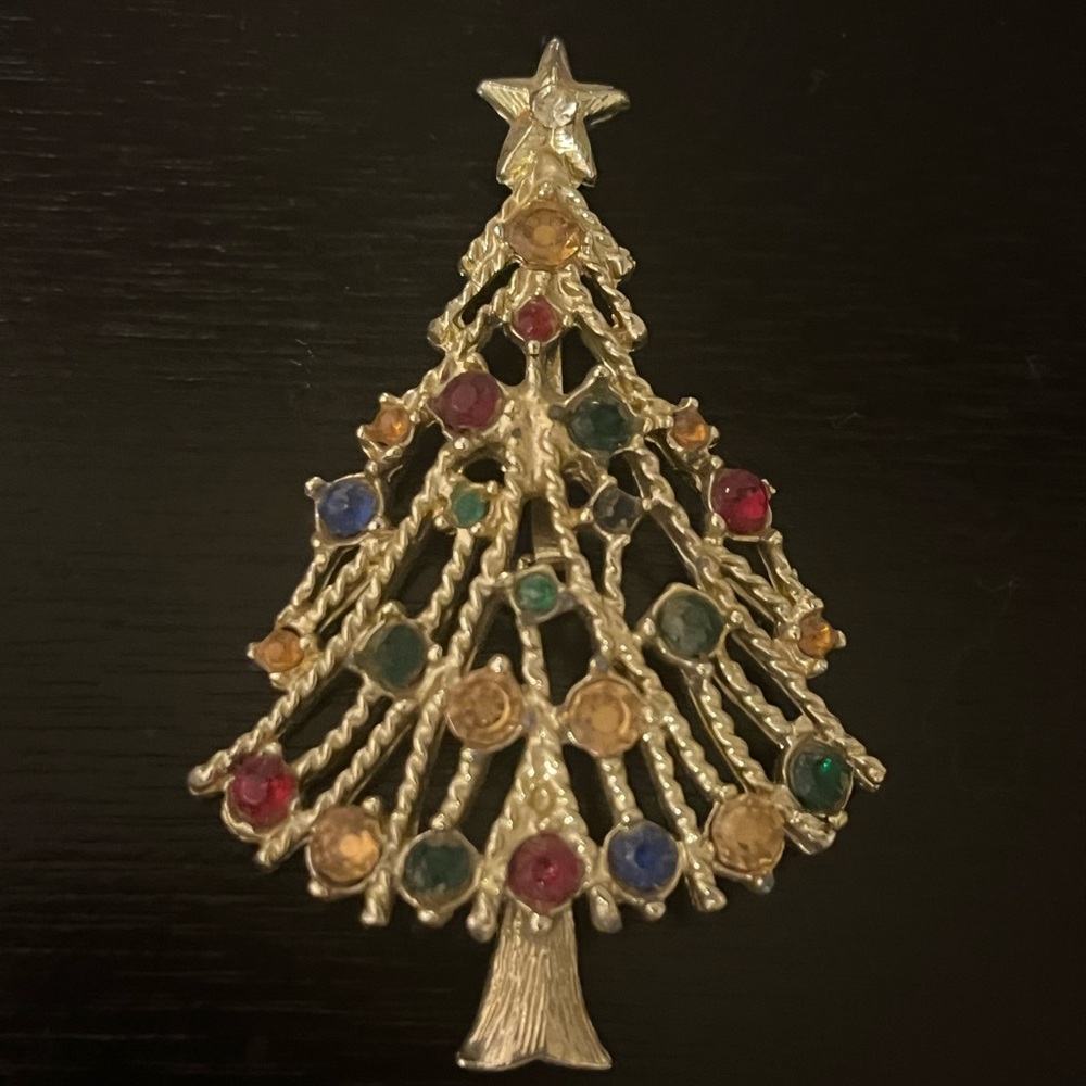 Vintage Festive Christmas Tree Brooch with Colorful Gems